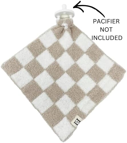 L+L USA Checkered Baby Lovey Pacifier/Teether Holder 10"x10" - DreamSoft Plush Fluffy Cuddly Soothie Reversible Mini Comfort Blanket - Cute Newborn Gift Essential Babies Boys Girls (Tan/White)