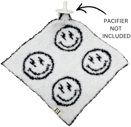 L+L USA Smiley Face Baby Lovey Pacifier/Teether Holder 10"x10" - DreamSoft Plush Fluffy Cuddly Soothie Reversible Mini Comfort Blanket - Cute Newborn Gift Essential Babies Boys and Girls (Black/White)