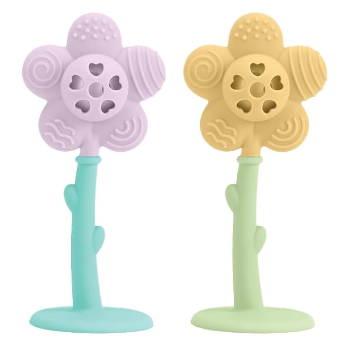 Lulyboo Flower Rattle & Teether Set for Babies - 100% Food Grade Silicone Soft Textures, Gentle Gum Massage, Lightweight Built-in Rattle, Easy-Hold Stem, Age 0+, Durable & Easy-Clean, Soothing Comfort