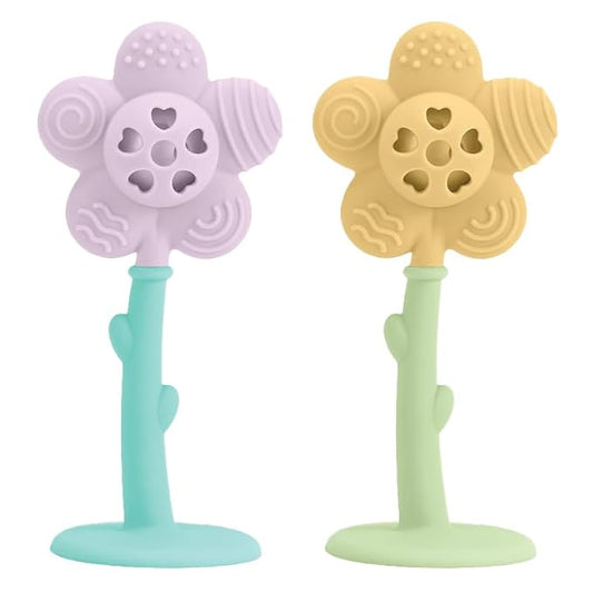 Lulyboo Flower Rattle & Teether Set for Babies - 100% Food Grade Silicone Soft Textures, Gentle Gum Massage, Lightweight Built-in Rattle, Easy-Hold Stem, Age 0+, Durable & Easy-Clean, Soothing Comfort