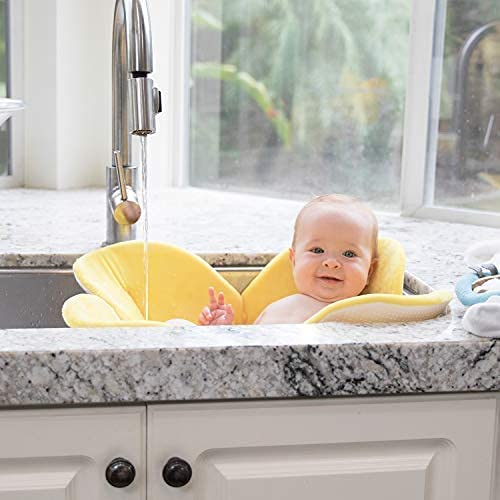 Blooming Bath Poppy Flower Bath Mat - Sink Bathtub Cushion for Baby - Plush Minky Fabric for Newborn to 6 Months - Washer-Safe Infant Newborn Essentials - Baby Shower Gifts for New Mom (Yellow/Brown)