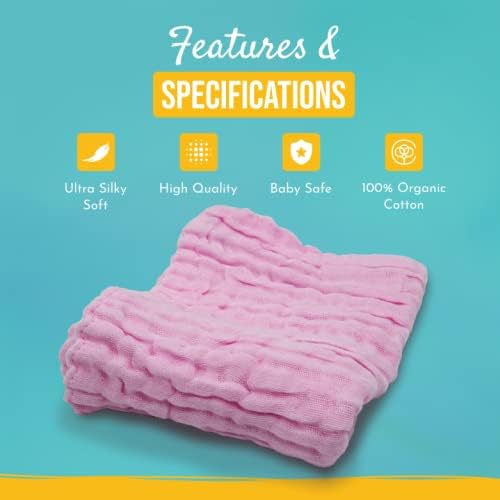Pack of 10 Baby Muslin Washcloths Set (12”x12”), 6 Layers Multi-Colored Baby Washcloths Made of 100% Organic Cotton Highly Absorbent and Ultra Soft Wash Cloths for Your Baby