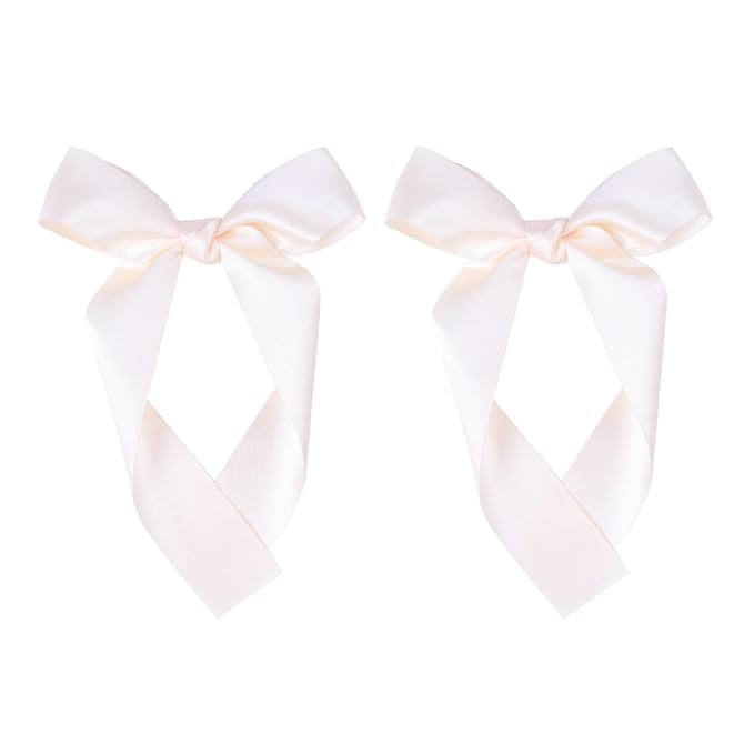 2-Pack Long Satin Ribbon Hair Bows for Girls – Elegant Silk Hair Clips for Toddlers, Infants, Teens & Kids - Ivory
