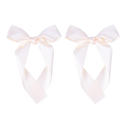 2-Pack Long Satin Ribbon Hair Bows for Girls – Elegant Silk Hair Clips for Toddlers, Infants, Teens & Kids - Ivory
