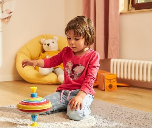 goki 53778 – Coloured top made of veneer, colourful spinning top that brings joy and fun to the children's room, classic top with stand, 21 cm high, from 1 year old