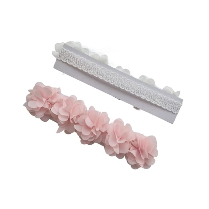 Jilukibo Baby Elastic Lace Bows Flower Headbands, Stretch Gold Princess Floral Hair Band Headwear for Infant Girls Toddler Hair Accessories (2 Pack, White Pink)