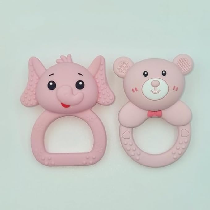 Silicone Baby Teether 2-Pack (Elephant & Deer) – BPA-Free, Soft, Safe, and Easy to Hold for Infants