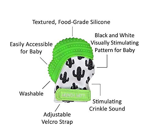 Malarkey Kids Munch Mitt Teething Mitten - The Original Mom-Invented Silicone Teether Mitten with Travel Bag – Ideal Teething Toys - Green Cactus