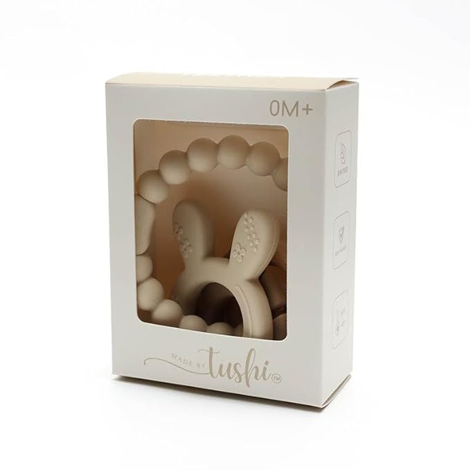 | Bohemian Teether | Baby Teether | Sensory Exploration and Teething Relief | 100% Food-Grade Silicone Teether Toy | BPA Free | Chewbeads | Silicone with Beechwood Ring | (Tan)