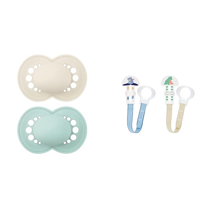 MAM Original Matte Pacifier (1 Sterilizing Pacifier Case), 6 Plus Months, Unisex Baby Pacifier & 2 Clips for Pacifiers with Fasteners and Flexible Rings for Boys, Designs May Vary