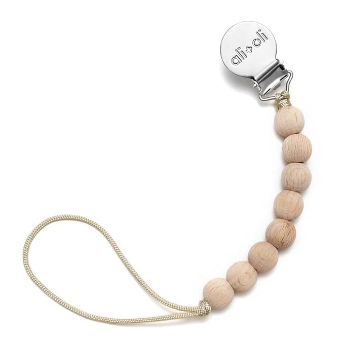 Ali+Oli Silicone Pacifier Clip for Baby (All Wood) 100% Food-Grade BPA Free Newborn Pacifier Holder Infant Binky Clip for Baby Boy or Girl