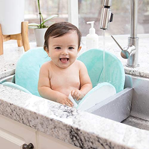 Blooming Bath Poppy Flower Bath Mat - Sink Bathtub Cushion for Baby - Plush Minky Fabric for Newborn to 6 Months - Washer-Safe Infant Newborn Essentials - Baby Shower Gifts for New Mom (Seafoam/Brown)