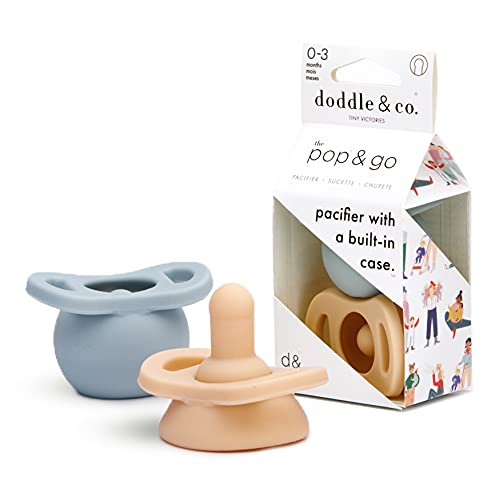 Doodle & Co. Pop & Go Pacifier for New Born Babies with Built-in Case | Pinch to Close Version | 100% Silicone for Infants | Helps Promote Oral Development | Plastic Free
