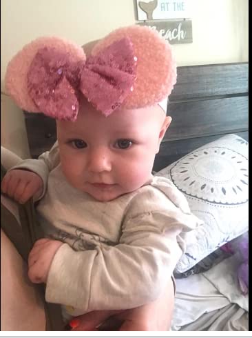 CellElection 6 Pack Mouse Ears Sequin Headbands 6Inch Large Big Sparkly Glitter Sequin Hair Bows Soft Nylon Hairbands Hair Accessories for Baby Girls Newborns Infants Toddlers Baby