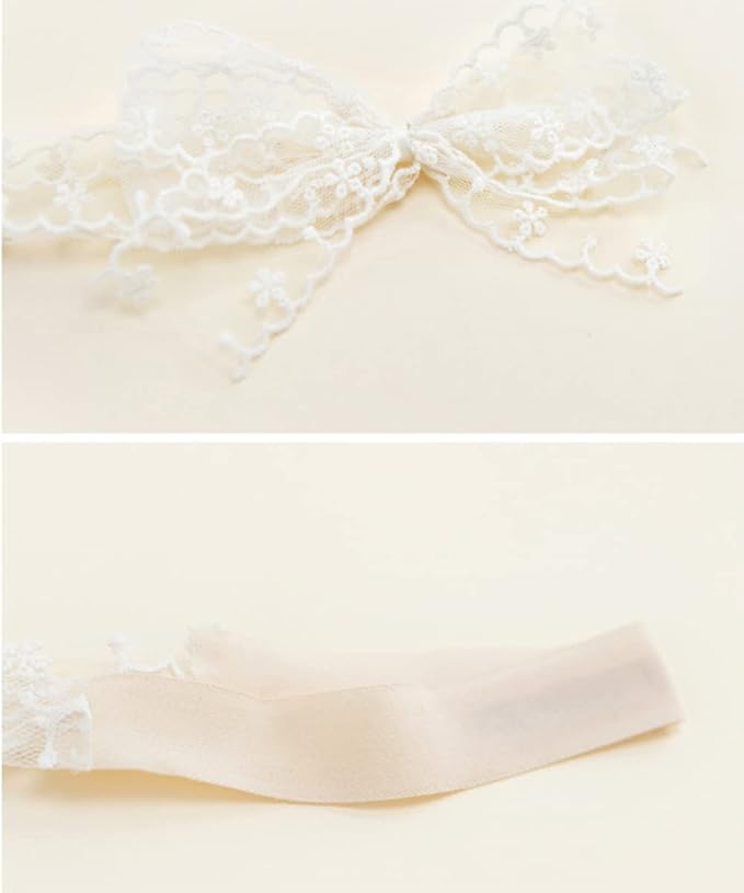 Baby Girls Lace Bow Headband Cute Chiffon Bow-Knot Toddler Hairband Elastic Soft Lace Infants Birthday Party Hair Accessories (White-4, One size)