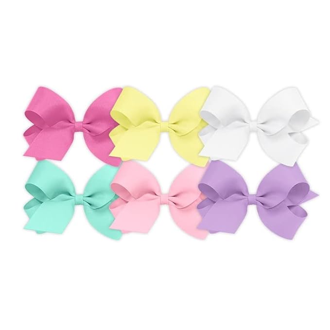 Wee Ones Girls' 6 Piece Set of Bows, Solid Grosgrain Variety Pack on a WeeStay No-Slip Hair Clip, Large, Pink,White,Yellow