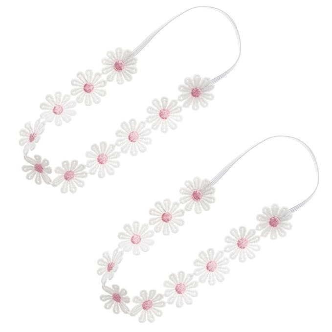 2PCS Baby Girl Lace Flower Headband Soft Elastic Hair Bands Cute Floral Headpiece for Baby photography (Pink, 14.96 Inch)