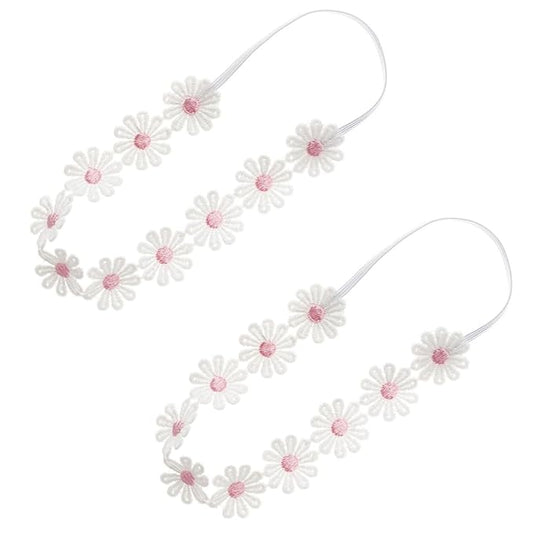 2PCS Baby Girl Lace Flower Headband Soft Elastic Hair Bands Cute Floral Headpiece for Baby photography (Pink, 14.96 Inch)