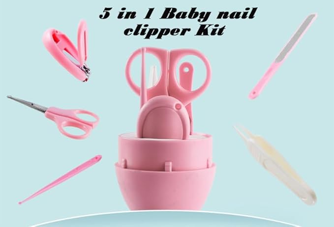 AKOAK 5 / Set Baby Nail Kit, Baby Nail Care Kit, Nail Clippers, Ear Scoop, Scissors, Tweezers, Nail Trims for Newborns, Infants, Toddlers and Children - Pink