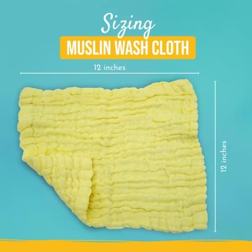 Pack of 10 Baby Muslin Washcloths Set (12”x12”), 6 Layers Multi-Colored Baby Washcloths Made of 100% Organic Cotton Highly Absorbent and Ultra Soft Wash Cloths for Your Baby