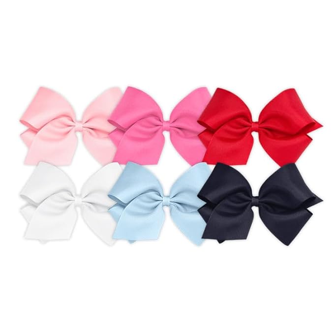 Wee Ones Girls' 6 Piece Set of Bows, Solid Grosgrain Variety Pack on a WeeStay No-Slip Hair Clip, King, White, Millennium Blue, Navy, Light Pink, Hot Pink, Red