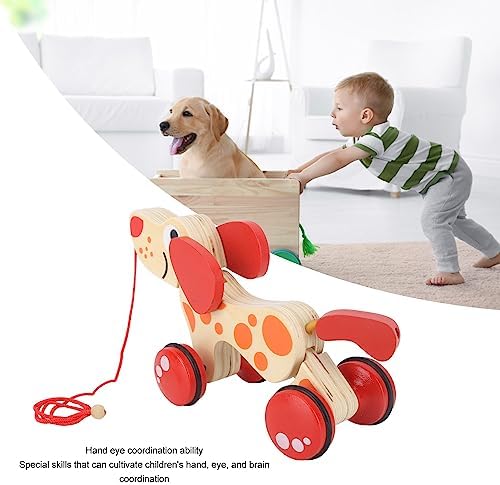 Push Pull Toy Puppy Walk Along Pull Wooden Hound Dog Walk A Long Puppy Wooden Pull Toy for Walking Toddlers (Dog)