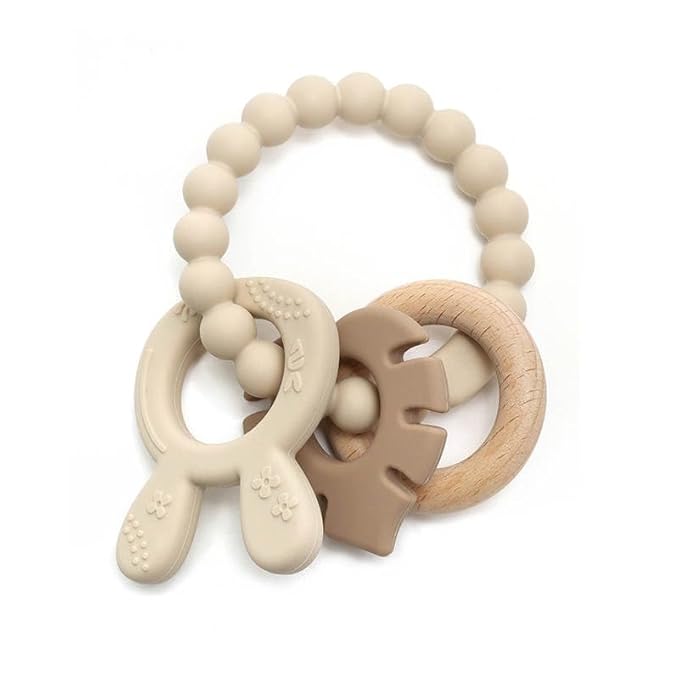 | Bohemian Teether | Baby Teether | Sensory Exploration and Teething Relief | 100% Food-Grade Silicone Teether Toy | BPA Free | Chewbeads | Silicone with Beechwood Ring | (Tan)
