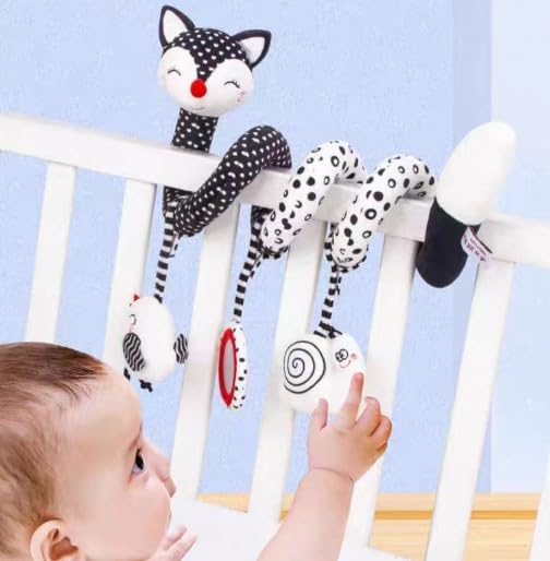 Car Seat Toys for Babies 0-6 Months, Baby Sensory Interaction Cartoon Toys with Bells_Black and White High Contrast Baby Toy Hanging or Wrapping Around The Infant Bed or Strollea03 ﻿