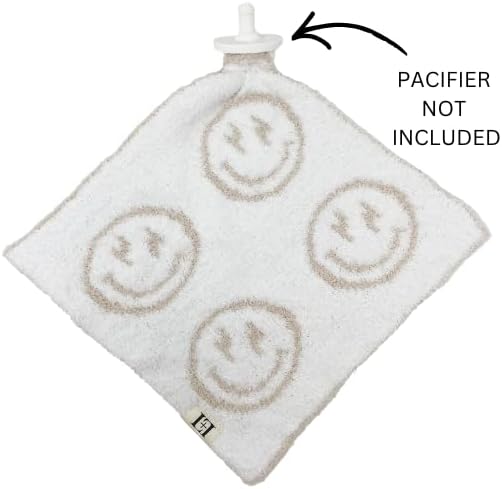 L+L USA Smiley Face Baby Lovey Pacifier/Teether Holder 10"x10" - DreamSoft Plush Fluffy Cuddly Soothie Reversible Mini Comfort Blanket - Cute Newborn Gift Essential Babies Boys Girls (Tan/White)