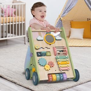 11-in-1 Montessori Baby Walker Toddlers Push Walker Wooden Activity Center Gift for 1 Year Old Boys Girls, Adjustable Speed & Quiet Wheels Learning to Walk Sensory Toys Baby Sit-to-Stand Walking Toys