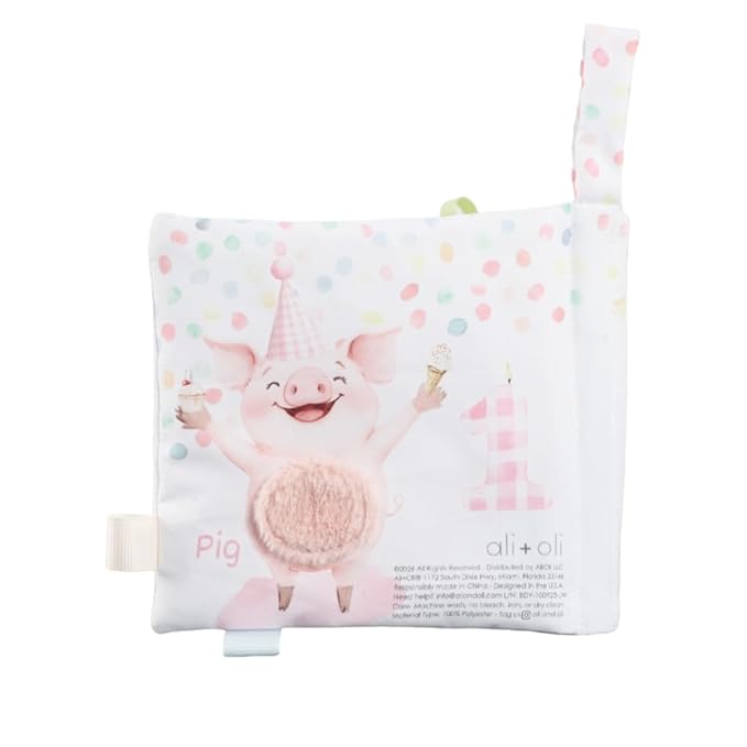Ali+Oli Baby Cloth Book – Soft Sensory Crinkle Book with Teether for Infants 0-12 Months – Early Learning Touch & Feel Tummy Time Toy – Newborn Shower Gift for Boys & Girls (Birthday)