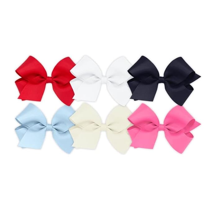 Wee Ones Girls' 6 Piece Set of Bows, Solid Grosgrain Variety Pack on a WeeStay No-Slip Hair Clip, Medium, Blue,Navy,Pink,Red,White