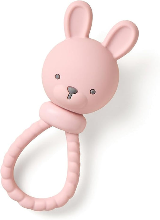 Itzy Ritzy Silicone Rattle Toy – Soothing Teething Toy with Soft Jingle Sound & Easy-Grip Textured Handle - for Ages 3 Months and Up (Bunny)