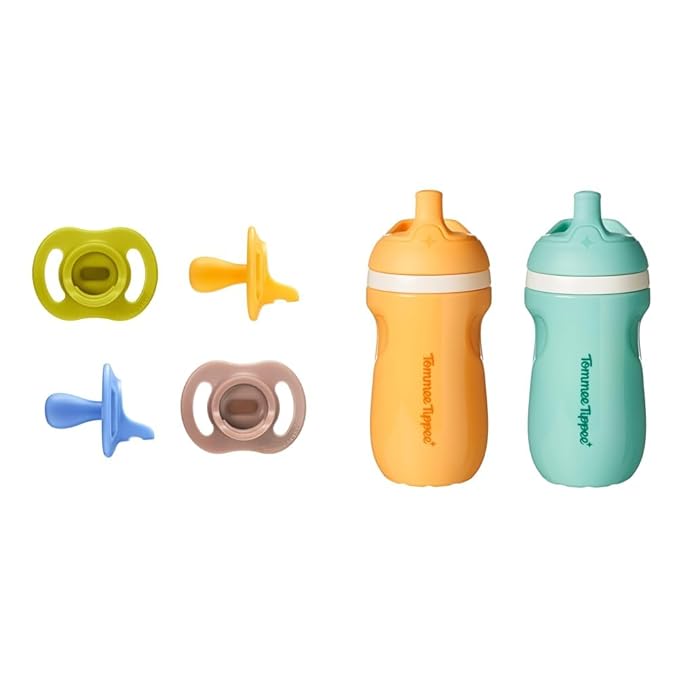 Tommee Tippee Ultra-Light StayPut Pacifier 6-18 Months, One-Piece Silicone Design & Tommee Tippee Insulated 9oz Toddler Water Bottle, No Spill, Sippy Cups for Toddlers 1-3 Years, BPA Free, Pack of 2