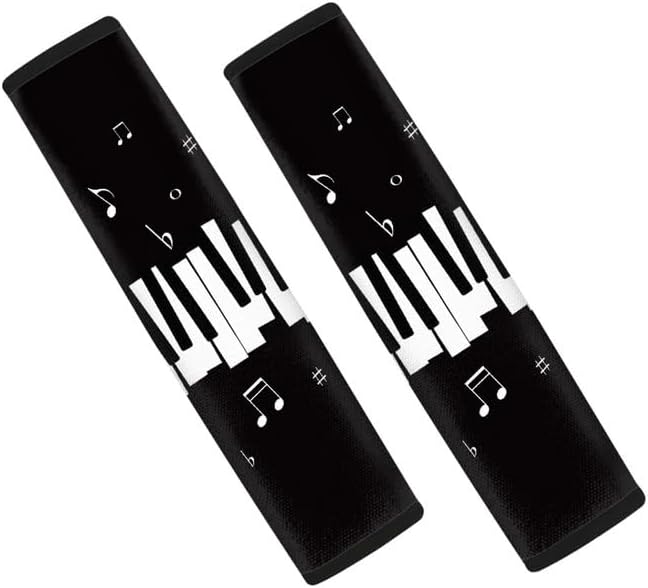 Black White Piano Keys Music Note Print Universal Seat Belt Covers for Musical Instrument Lover Auto Polyester Car Belt Strap Cover Shoulder Pad More Comfortable Driving