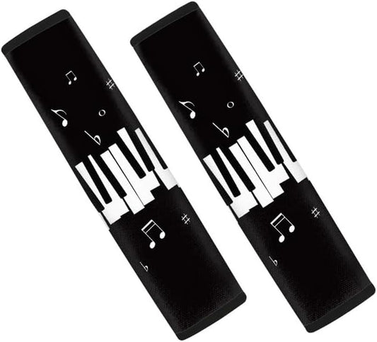 Black White Piano Keys Music Note Print Universal Seat Belt Covers for Musical Instrument Lover Auto Polyester Car Belt Strap Cover Shoulder Pad More Comfortable Driving