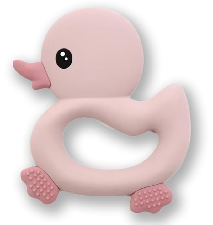 [BabyBite] Baby Teething Toys Cute Duck Teether for Sensory and Developmental Play for Baby and Toddler 100% BPA Free Food Grade Silicone (Pink)