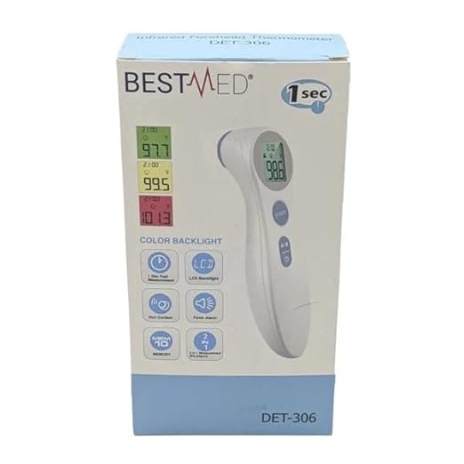 BESTMED 1 Second Reading Infrared Thermometer for Children & Adults | Forehead DET-306 | 3-Color Indicator, No-Touch | Fever Alarm