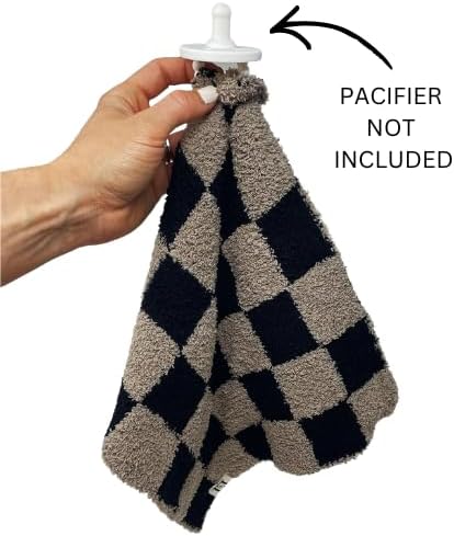 L+L USA Checkered Baby Lovey Pacifier/Teether Holder 10"x10" - DreamSoft Plush Fluffy Cuddly Soothie Reversible Mini Comfort Blanket - Cute Newborn Gift Essential for Babies Boys Girls (Black/Brown)