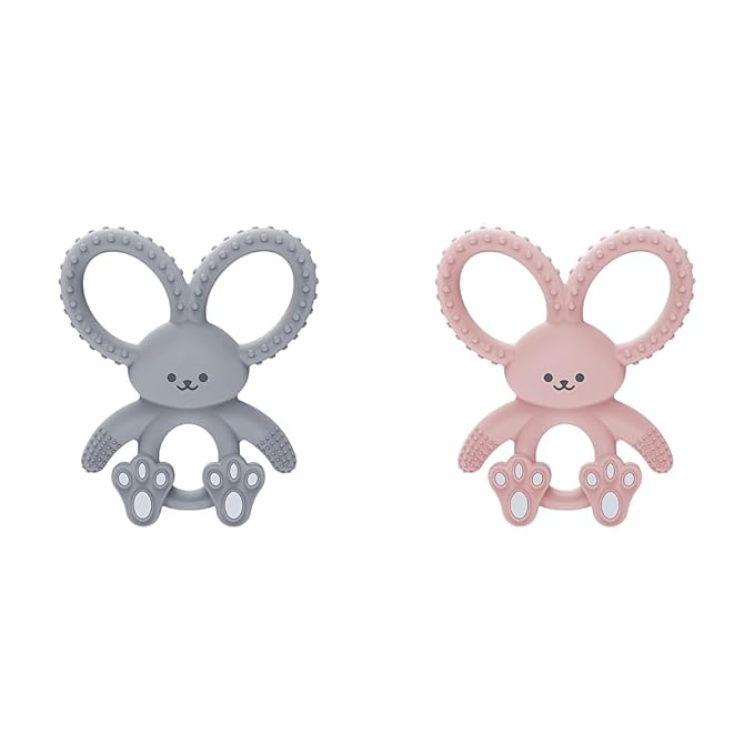 Dr. Brown's Flexees Gray & Pink Bunny Silicone Baby Teethers, BPA Free, for 3 Months+ Babies