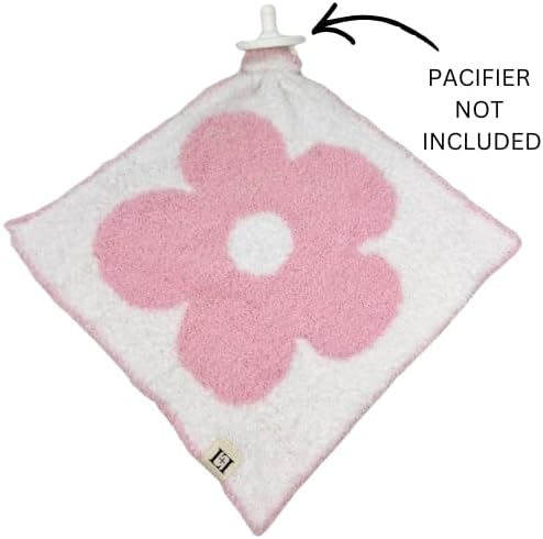 L+L USA Retro Flower Baby Lovey Pacifier/Teether Holder 10"x10" - DreamSoft Plush Fluffy Cuddly Soothie Reversible Mini Comfort Blanket - Cute Newborn Gift Essential Babies Boys Girls (Pink/White)