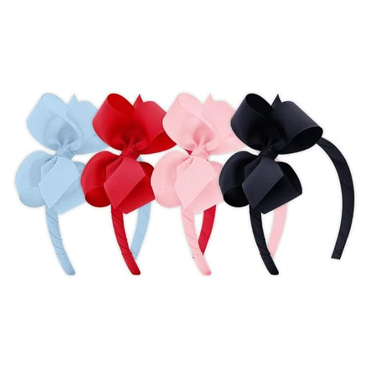 Wee Ones Girls' Classic Grosgrain Headbands with Grosgrain Bows and a Plain Wrap Center, 4 Pack, Medium Bows, Millennium Blue, Red, Light Pink, and Navy
