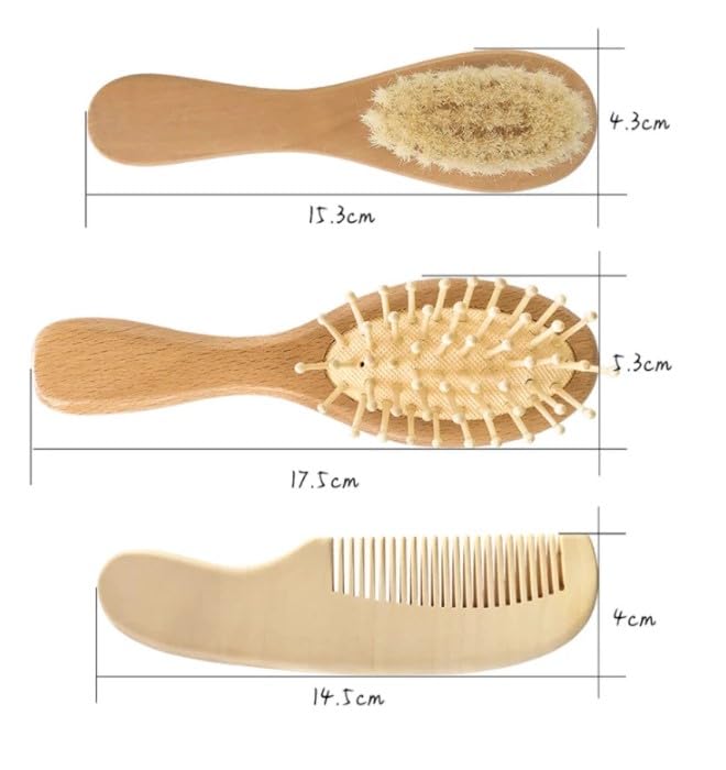 Gentle Care Wooden Baby Hair Brush and Comb Set by BeaverStrong - 2 Brushes and 1 Comb for Newborns - Soft Bristles, Safe and Natural - Perfect for Delicate Infant Hair and Scalp