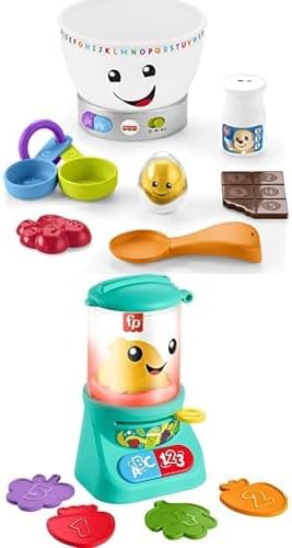 Bundle of Fisher-Price Laugh & Learn Baby Magic Color Mixing Bowl with Pretend Food Music & Lights + Counting & Colors Smoothie Maker Pretend Blender with Music & Lights for Ages 9+ Months