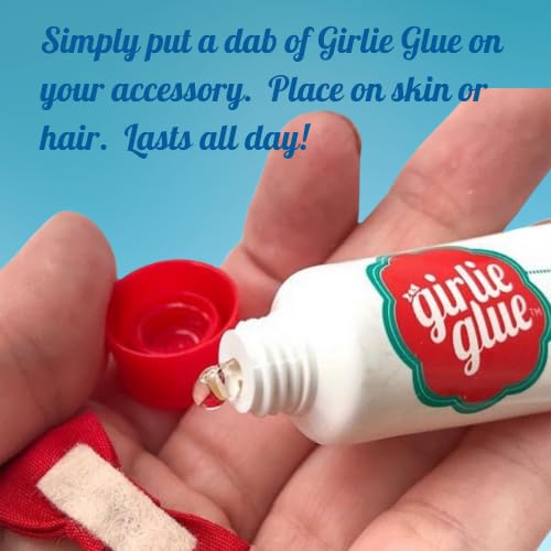 Girlie Glue and 30 stick-on accessories, Gentle Hair, Skin Adhesive for Babies & Pets, Non-Toxic, Long Lasting, Dries Clear, Washes Off with Water. 2 Tubes
