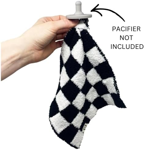 L+L USA Checkered Baby Lovey Pacifier/Teether Holder 10"x10" - DreamSoft Plush Fluffy Cuddly Soothie Reversible Mini Comfort Blanket - Cute Newborn Gift Essential Babies Boys Girls (Black/White)