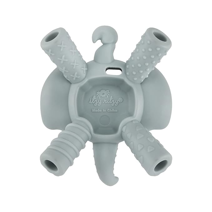 Itzy Ritzy - Ritzy Teether for Molars - Massages Sore Gums & Reaches Back Molars - Silicone Baby Teething Toy with Multiple Textures & Flexible Design - Teething Relief for 3 Months & Up (Elephant)