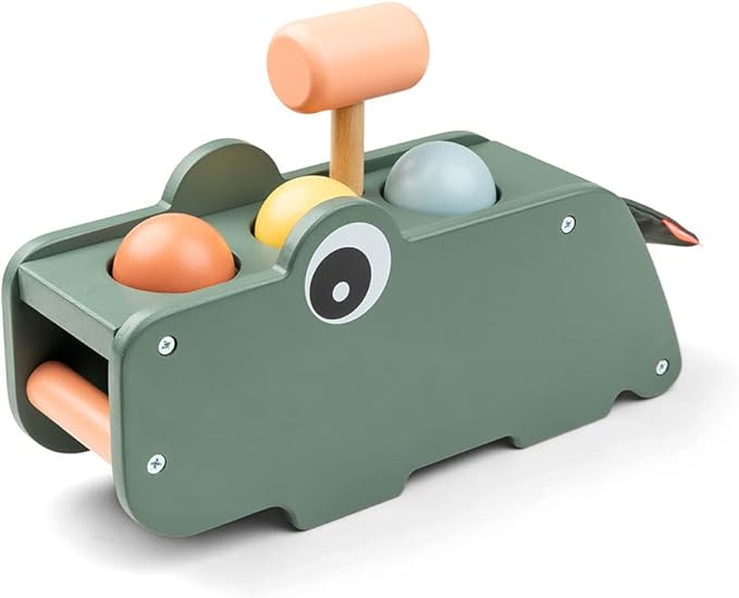 Done by Deer Hammer Board Croco Green - Wooden Activity Toy for Hand-Eye Coordination and Sense of Hearing - Green Color with Colorful Elements - Soft, Durable Fabric Flap with Crinkling Sound