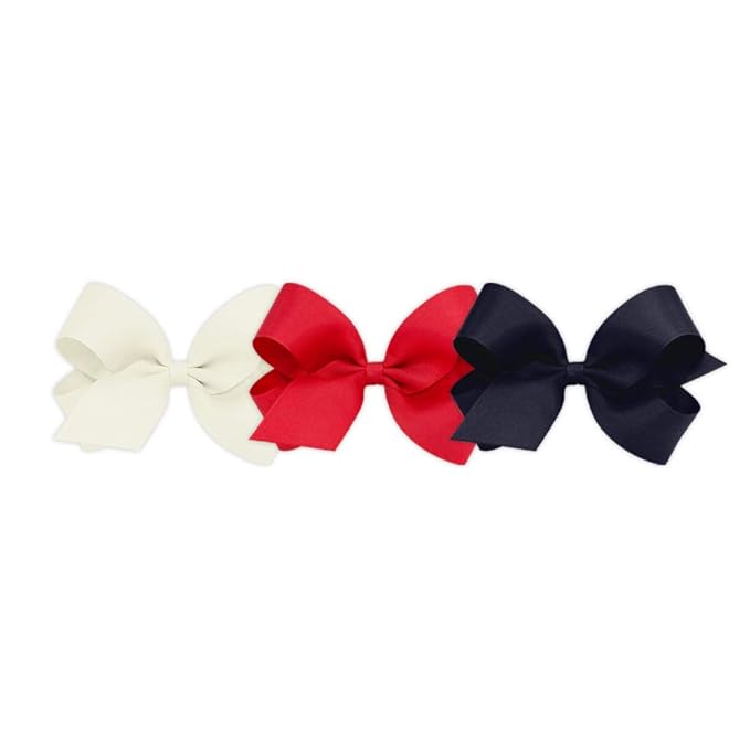 Wee Ones Girls' 3 pc Set Solid Grosgrain Variety Pack on a WeeStay No-Slip Hair Clip, Large, Antique White, Red, and Navy