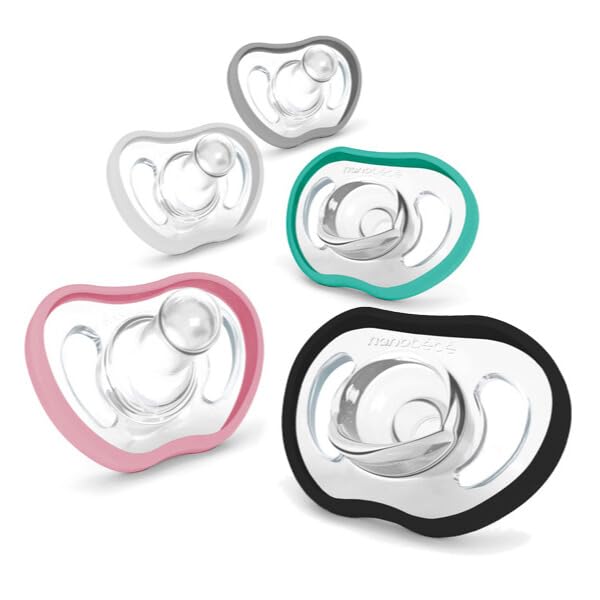 Nanobebe Active Baby Pacifiers 4-36 Months - Orthodontic, Lightweight and Vented, Curves Comfortably with Face Contour, 100% Silicone - BPA Free, Perfect Baby Registry Gift 4pk, White/Pink
